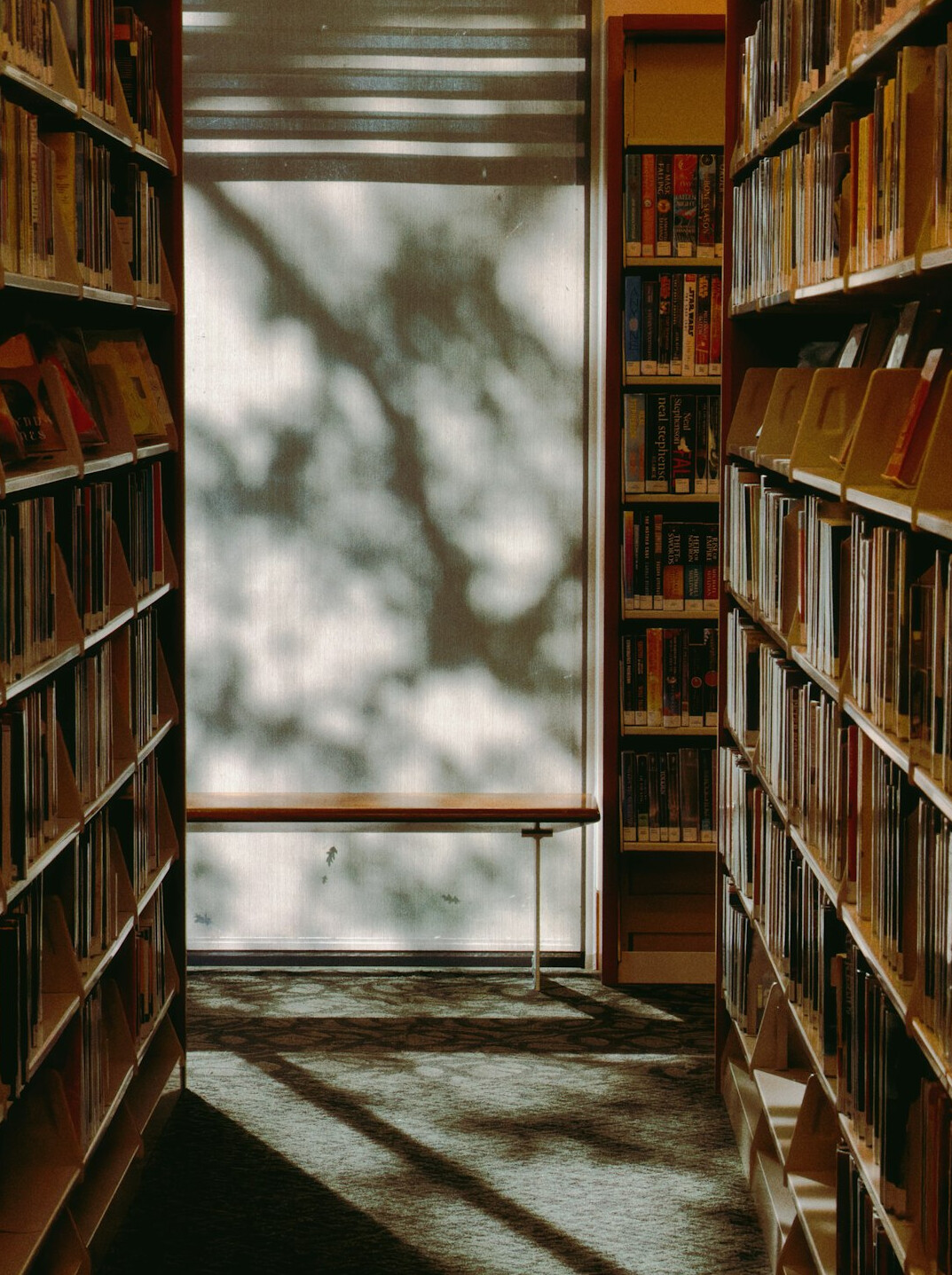 Quiet library with tall bookshelves